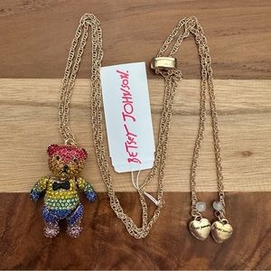 Betsey Johnson Rainbow Crystal Jointed Teddy Bear Pendant Slider Necklace